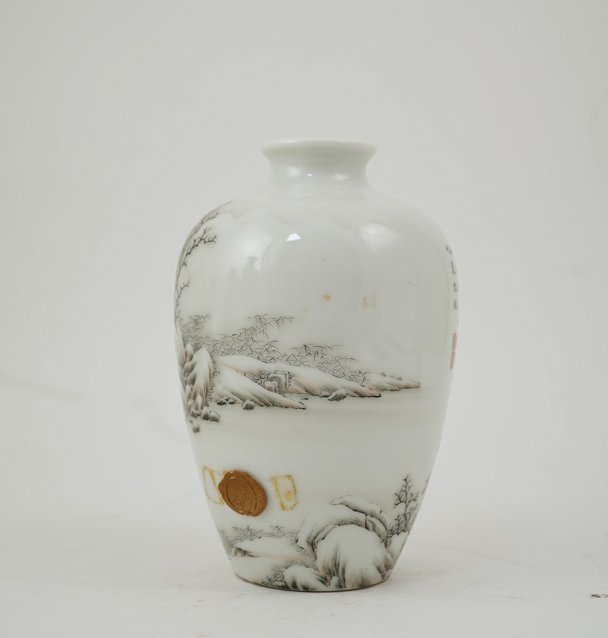 A Chinese inscribed enamelled porcelain ‘Winter landscape’ vase, Qianlong four character mark but Republic period